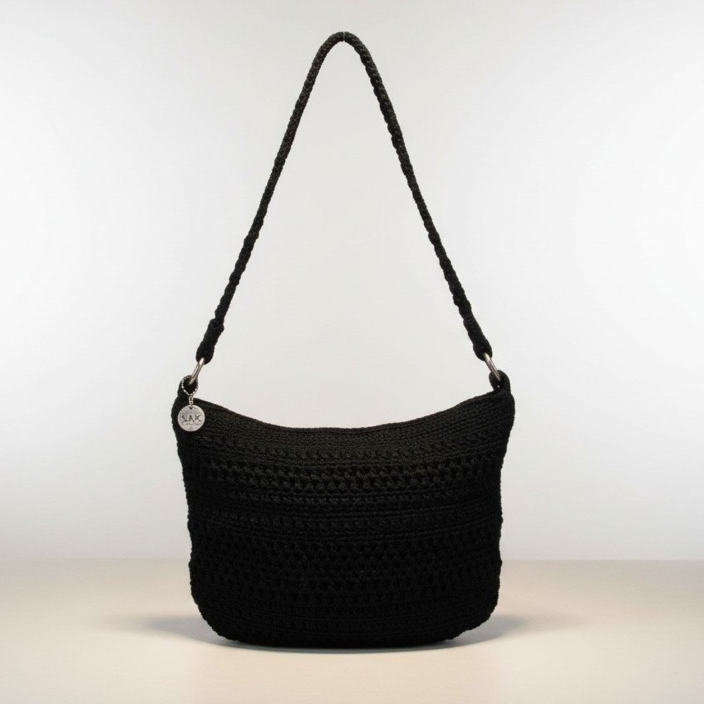 The Sak Classic Crochet Medium Shoulder Bag Black Knit Boho Tote Handbag Purse